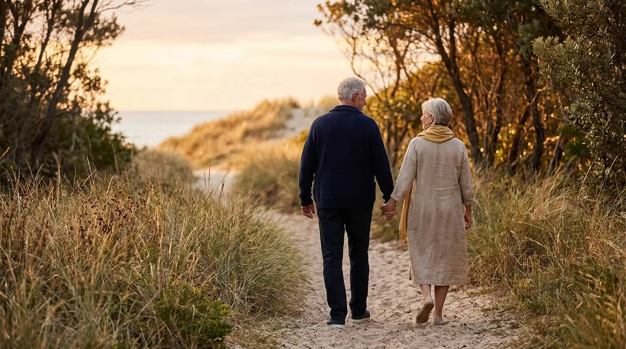 A couple enjoying a secure retirement at golden hour